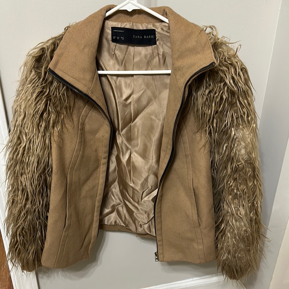 Zara Tan Jacket with Faux Fur Sleeves